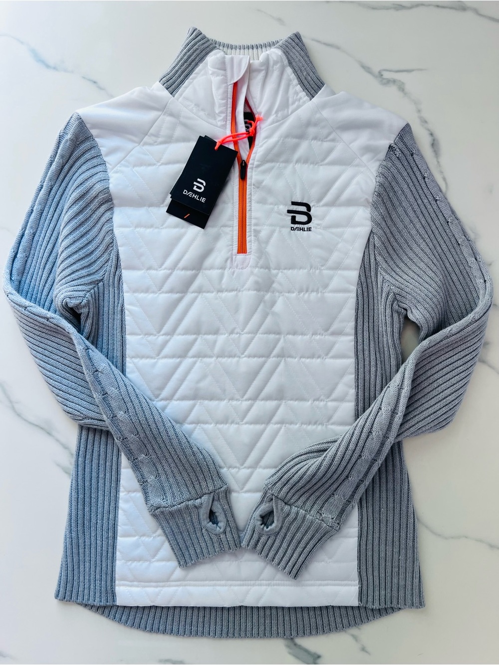 Dæhlie Sportswear Half Zip Wool Blend Ski Sweater Snow White and Gray NWT